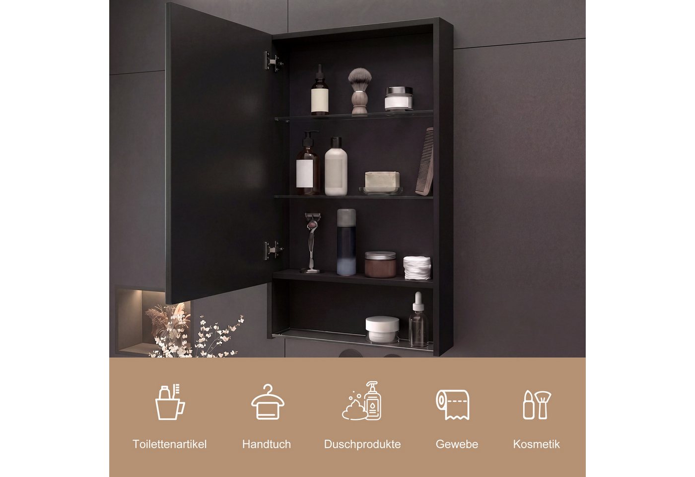 Gdood Badezimmerspiegelschrank Spiegelschrank LED Hängeschrank Wandschrank (1-St., Einstellung der warmen und kalten Farbtemperatur 3000/4500/6400K) inkl. LED-Beleuchtung, Touchschalter, Beschlagfrei, Offene Staufächer