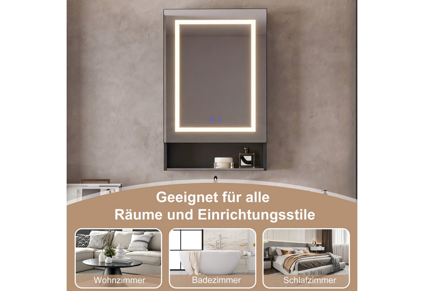 Gdood Badezimmerspiegelschrank Spiegelschrank LED Hängeschrank Wandschrank (1-St., Einstellung der warmen und kalten Farbtemperatur 3000/4500/6400K) inkl. LED-Beleuchtung, Touchschalter, Beschlagfrei, Offene Staufächer Bild 3