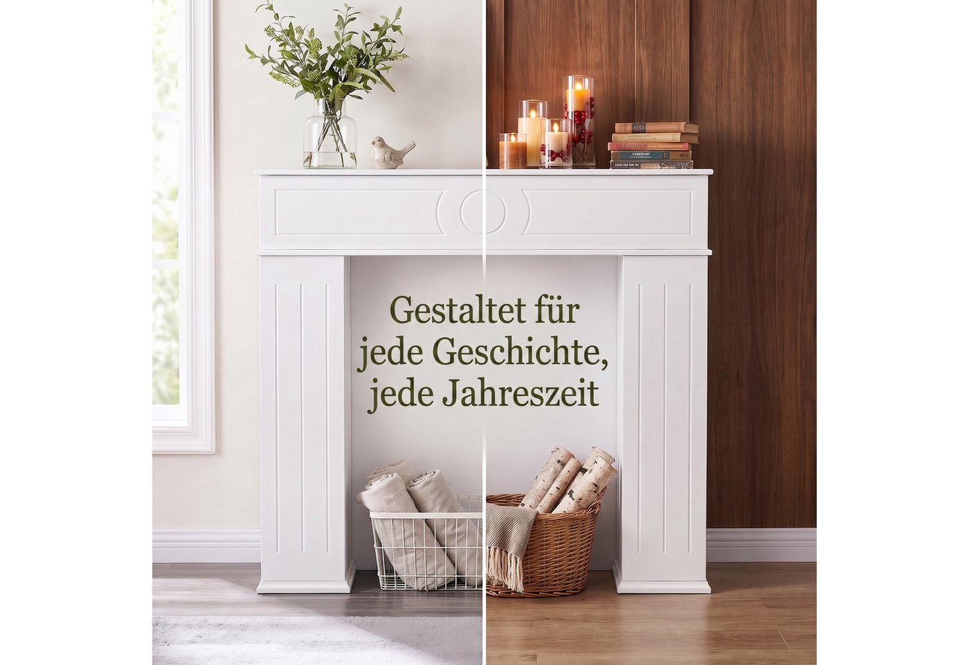 Simurq Dekokamin Kaminumrandung Deko, Weiß Kaminkonsole mit Stauraum Kaminschrank (Kaminsims mit Geheimfach,Wandregal Kamingehäuse), Kaminattrappe Schrank Kaminrahmen,Kaminumrandung mit 3 Tür