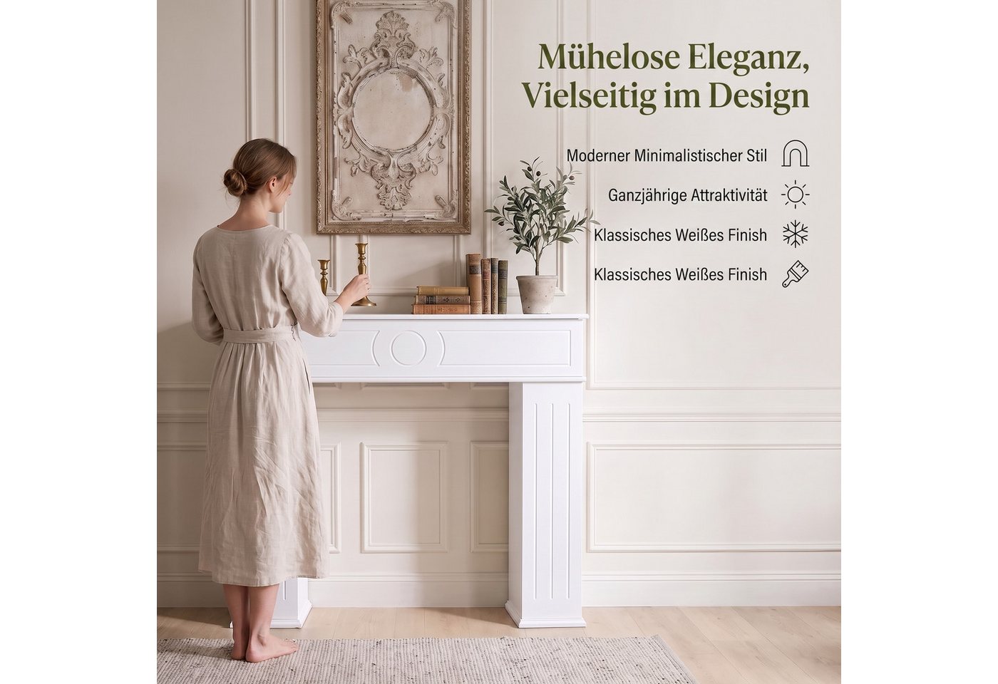 Simurq Dekokamin Kaminumrandung Deko, Weiß Kaminkonsole mit Stauraum Kaminschrank (Kaminsims mit Geheimfach,Wandregal Kamingehäuse), Kaminattrappe Schrank Kaminrahmen,Kaminumrandung mit 3 Tür Bild 3