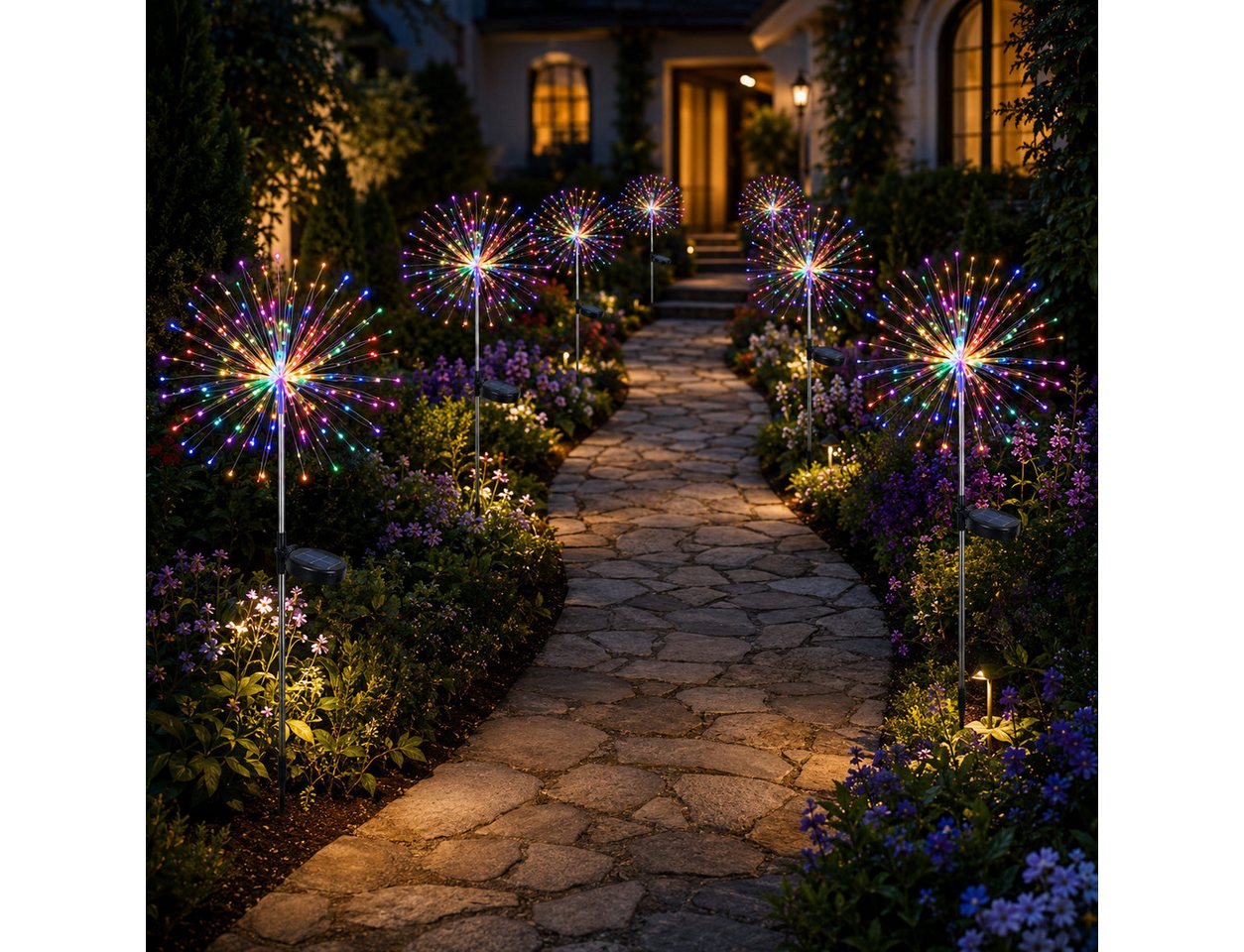 Fyrove LED Solarleuchte LED Solar Gartendeko Solarlampen Garten 60 LED Feuerwerk Solarleuchten, gartendeko, solarlampen für außen, Bunt, Leuchtmittel, Wetterfest Pusteblume Solarlampen 8 Modi mit Erdspieß