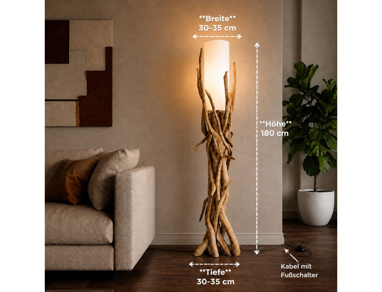Möbel Bressmer Stehlampe Treibholz Stehlampe VILLA Lampenschirm Natur 180 cm, ohne Leuchtmittel, E27, Nachhaltig Bild 2