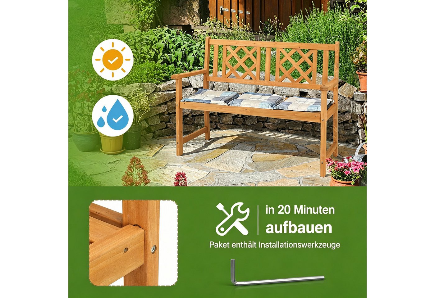LEADZM Gartenlounge-Bank Gartenbank, Holzbank, Bank mit Rücken- & Armlehnen, Gartenbank Bild 5