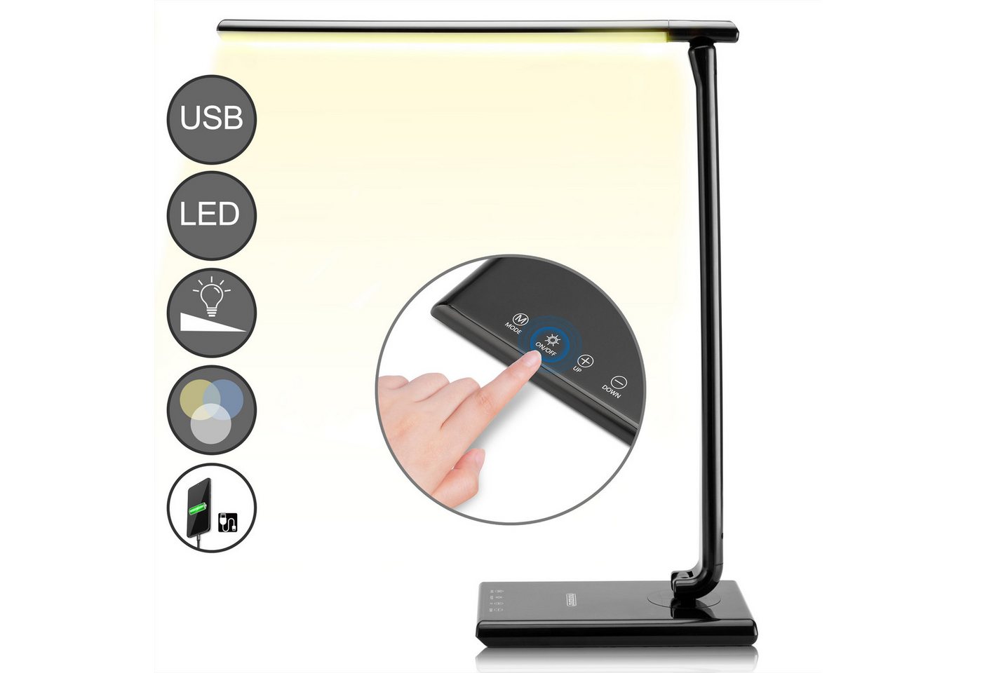 monzana Tischleuchte Cataleya, Schwarz, LED Schreibtischlampe Schwarz 3 Farb- und 5 Helligkeitsstufen USB Bild 5