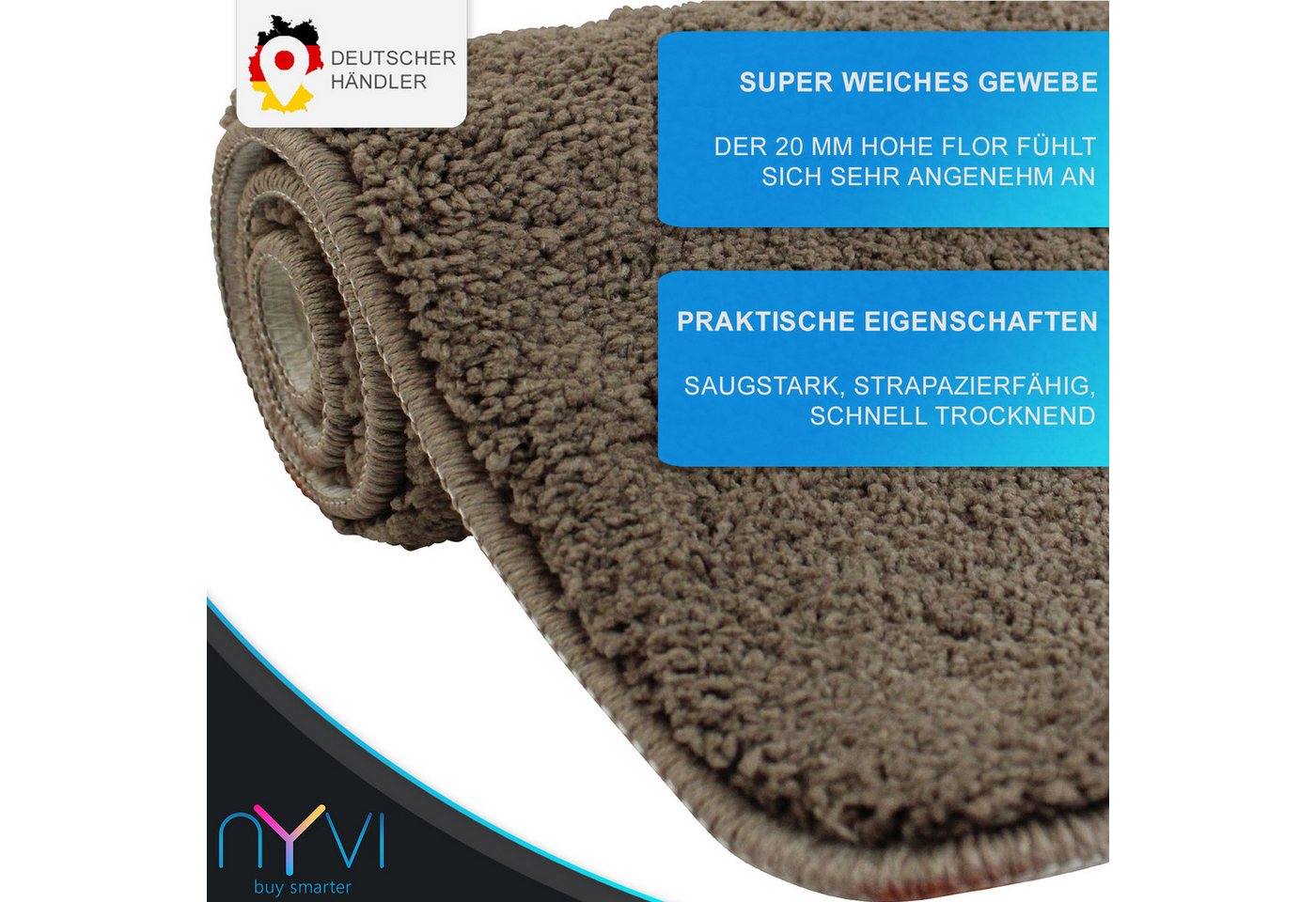 NYVI Badematte WC Vorleger mit Ausschnitt NYVISpa Lasalle Taupe Toiletten Teppich, Höhe 20 mm, Polyester, Rutschfest, Saugstark, Schnell Trocknend, Fußbodenheizung geeignet