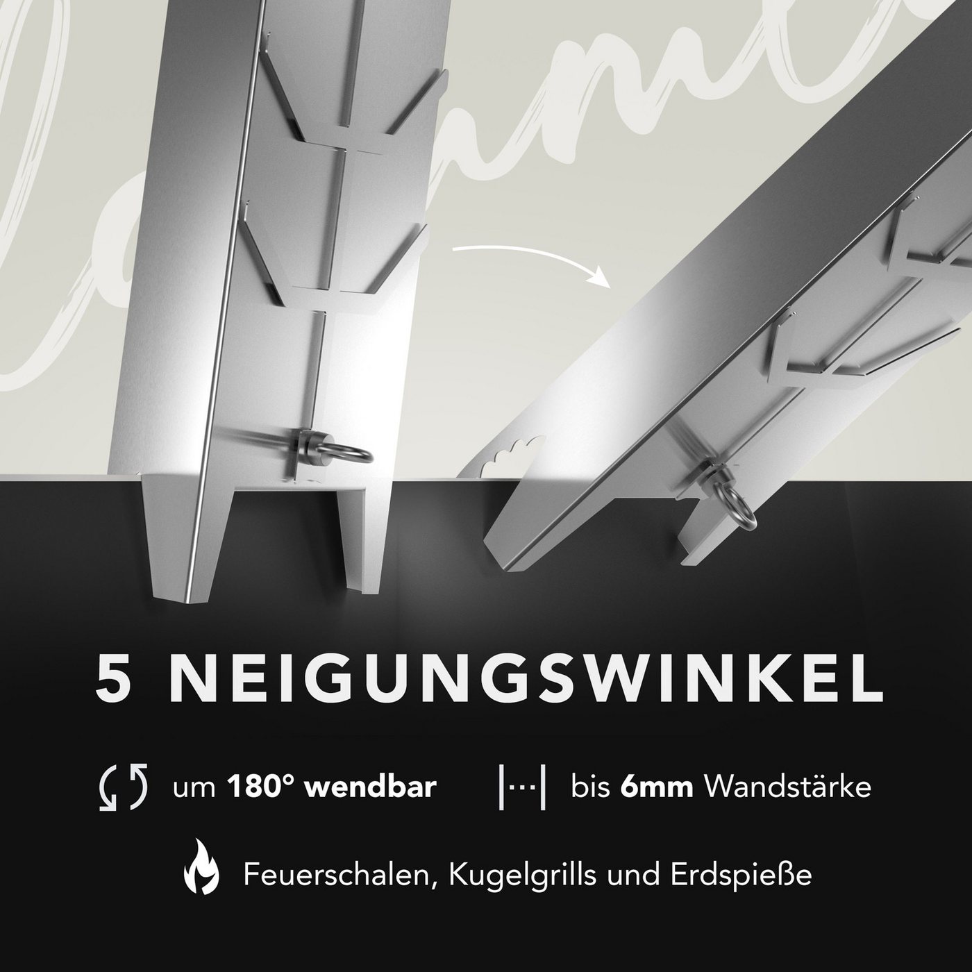 FANNOU Grillguthalter Flammlachsbrett Edelstahl 1er Set – für Feuerschale & Grill, (1-St), Flammlachshalter 52cm, 180 Grad drehbar, spülmaschinenfest