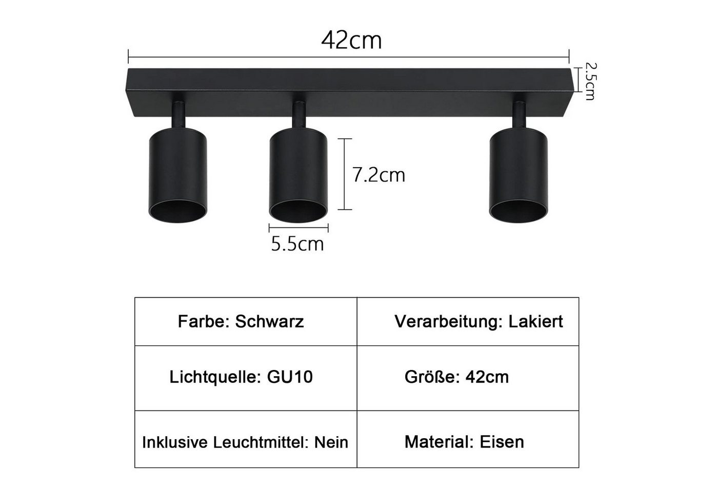 ZMH Deckenstrahler 3 Flammig Deckenleuchte Modern 42CM GU10 für Schafzimmer Whonzimmer, ohne Leuchtmittel, max. 6W pro Spot, 42×5,5×14cm, kompakt Bild 3