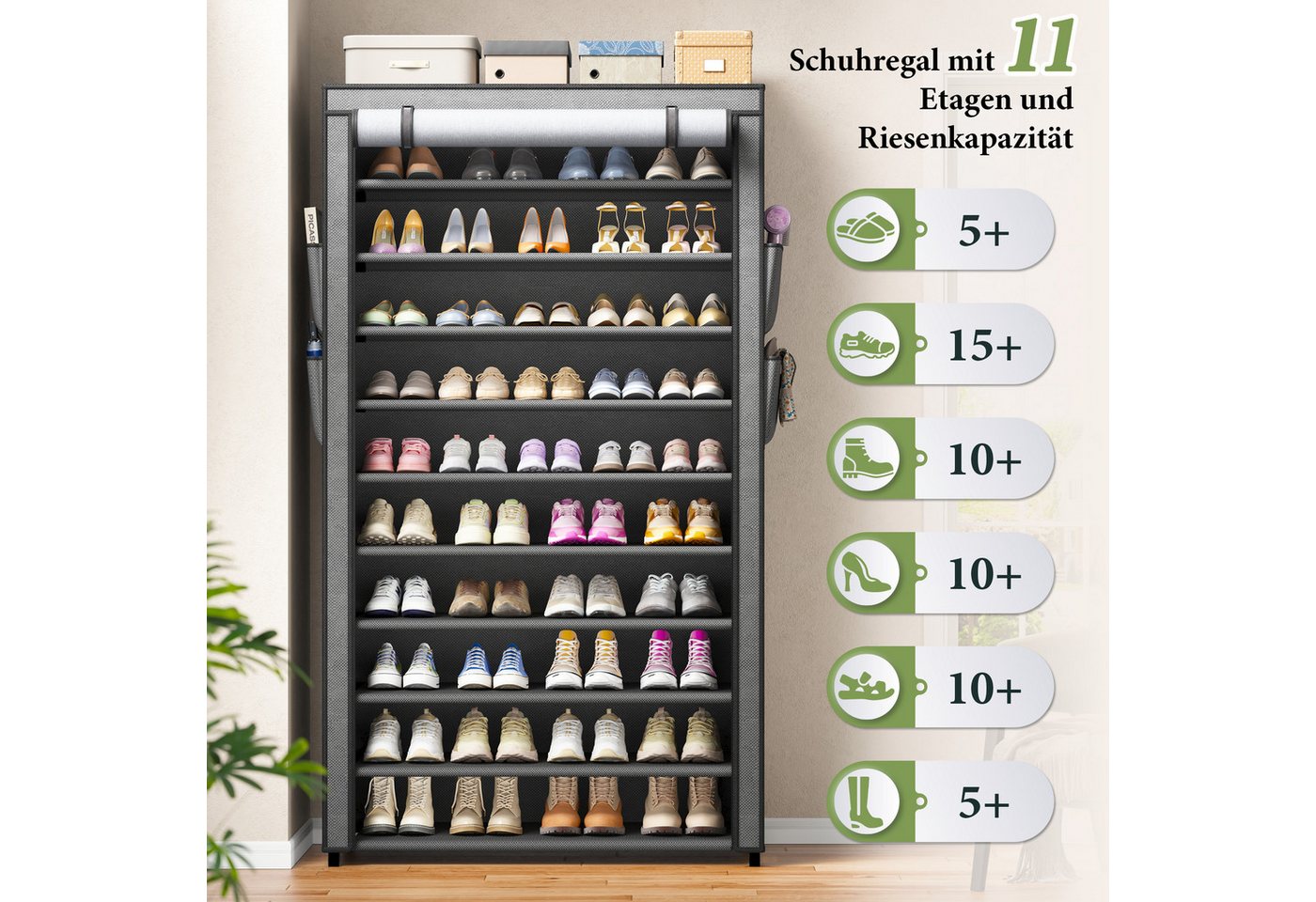 Klyvvo Schuhregal 11 Ebenen, 30cm Tiefe Schuhschrank bis EU 47 für 50 Paare Schuhe, 1-tlg., Schuhschrank Hoch mit Sichtbarer Staubdichter Überzug, grau