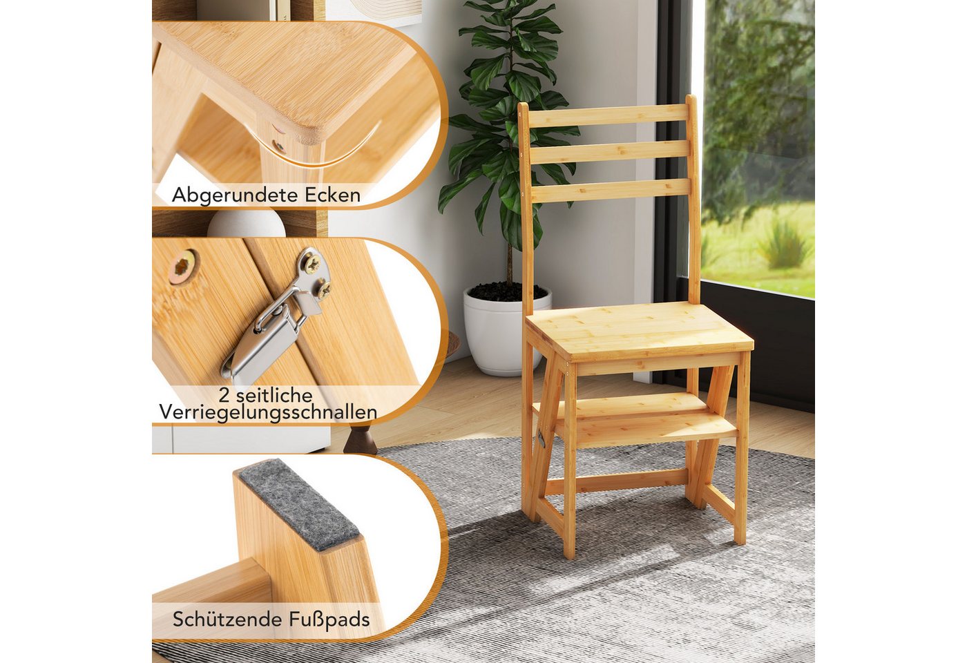 COSTWAY Trittleiter, 3 in 1, Klappstuhl, 3-Stufen, Bambus, 150kg Bild 2