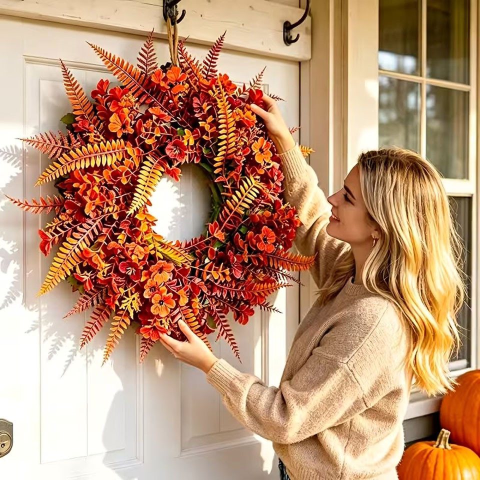 Agger Dekokranz Künstlicher Eukalyptus-Kranz, herbstlicher Kunstblumenkranz, geeignet für Halloween-, Thanksgiving- und Herbstdekorationen