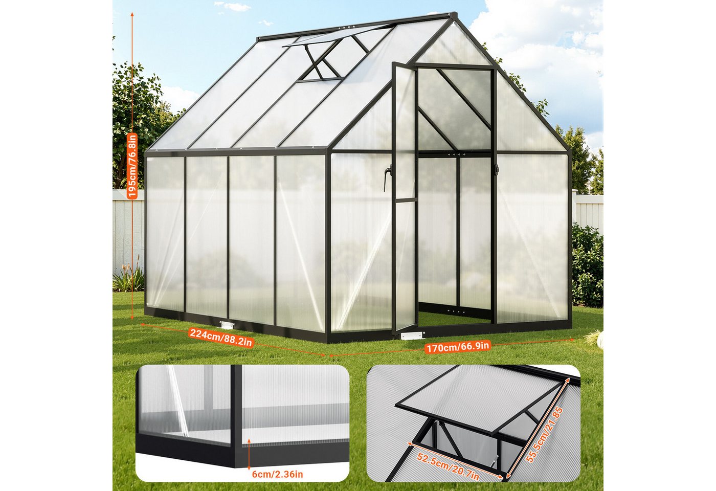 Clanmacy Gewächshaus Aluminium-Gewächshaus 224 × 170 × 195 cm, Schwarz Bild 5