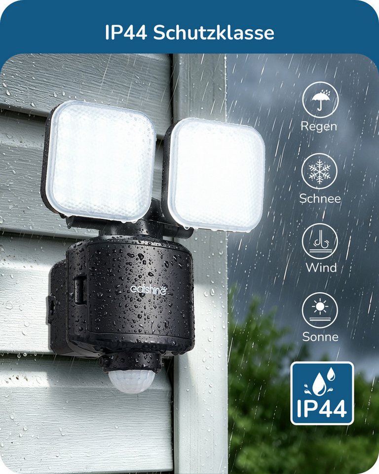 EDISHINE Wandstrahler mit Bewegungsmelder, LED fest integriert, Tageslichtweiß, 900 Lumen, 6500K, Flutlicht mit zwei drehbaren Leuchtenköpfen Bild 2