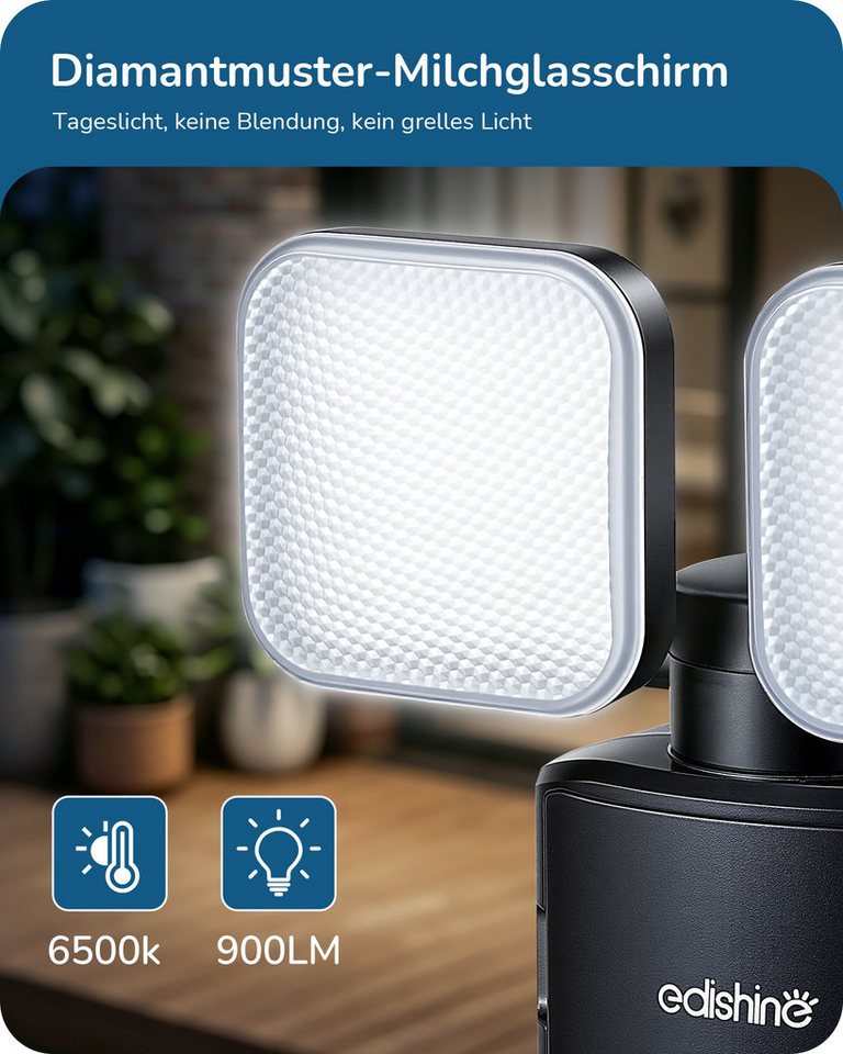 EDISHINE Wandstrahler mit Bewegungsmelder, LED fest integriert, Tageslichtweiß, 900 Lumen, 6500K, Flutlicht mit zwei drehbaren Leuchtenköpfen Bild 3