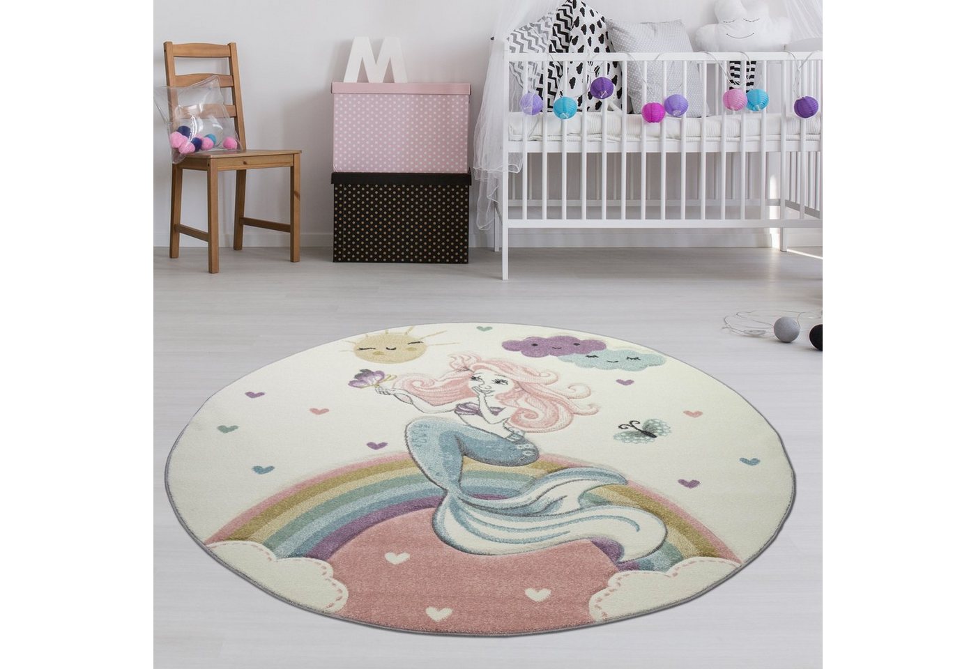 TeppichHome24 Kinderteppich Kinderteppich Meerjungfrau Prinzessin pastell, Rund, Höhe: 1.3 mm