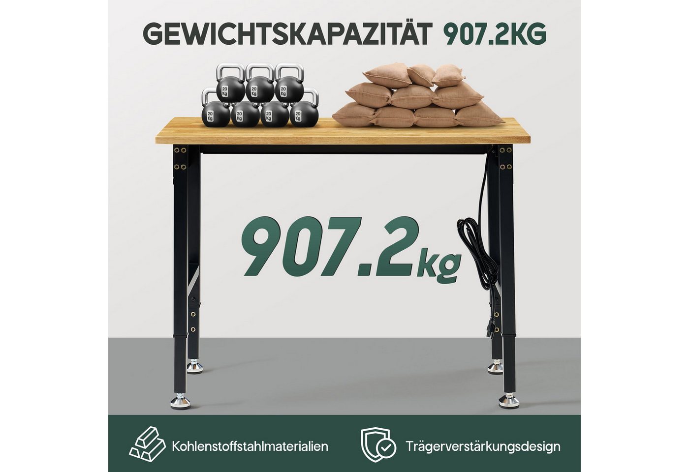 AMERLIFE Werkbank Werktisch Garagentisch Arbeitstisch, höhenverstellbar, 4 AC/2 USB, (1-tlg), 110x51 cm, bis 907,2 kg, Gummiholz Bild 3