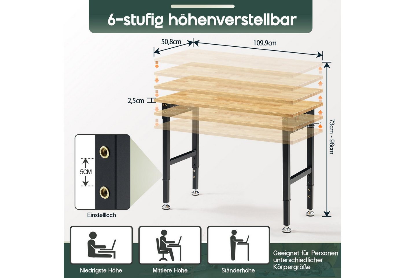 AMERLIFE Werkbank Werktisch Garagentisch Arbeitstisch, höhenverstellbar, 4 AC/2 USB, (1-tlg), 110x51 cm, bis 907,2 kg, Gummiholz Bild 4