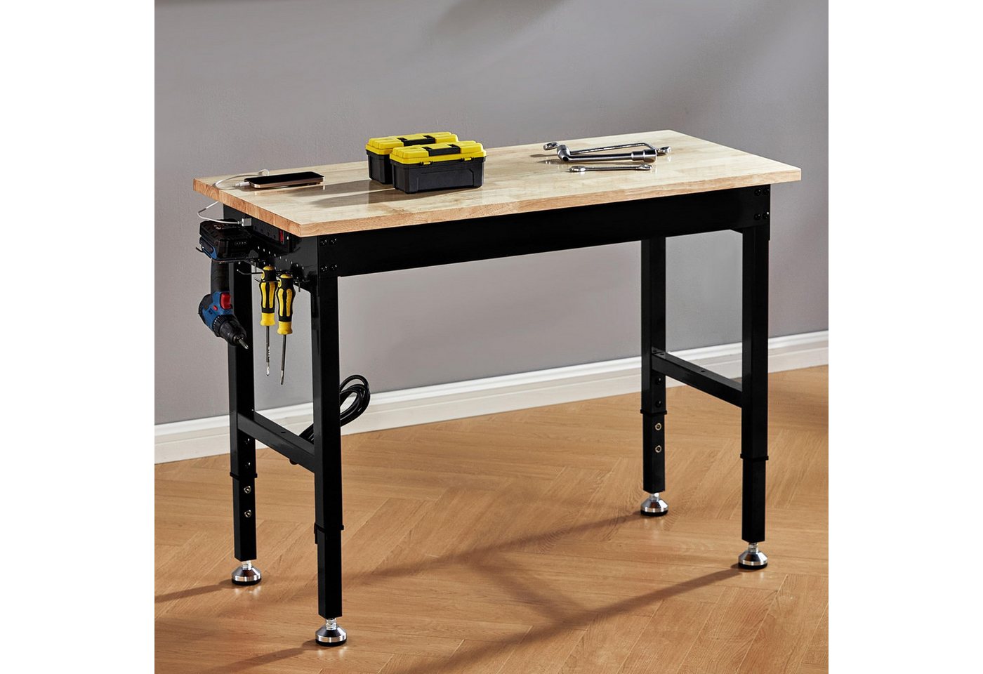 AMERLIFE Werkbank Werktisch Garagentisch Arbeitstisch, höhenverstellbar, 4 AC/2 USB, (1-tlg), 110x51 cm, bis 907,2 kg, Gummiholz Bild 5