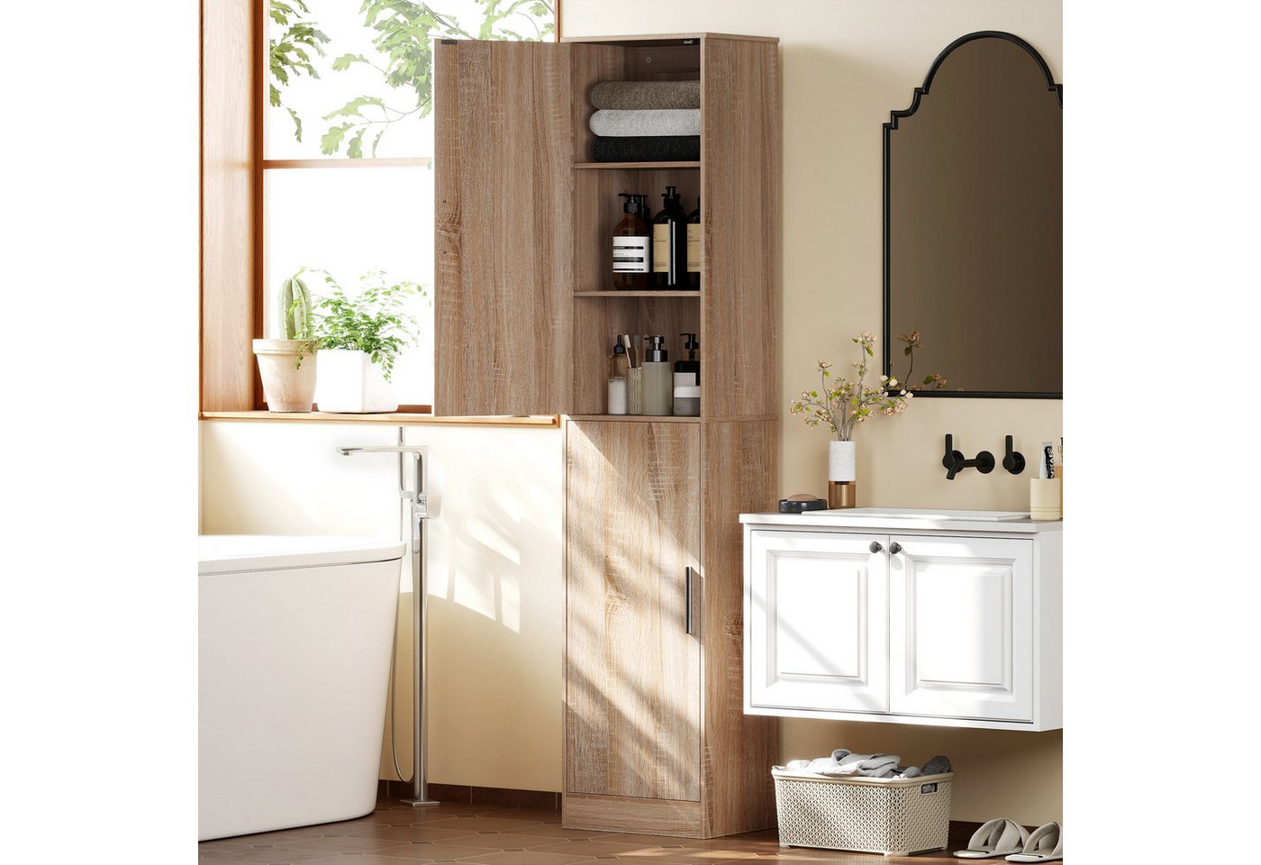 HOMCOM Badkommode Badezimmerschrank Badschrank mit 2 Türen, Verstellbare Regale (Hochschrank schmal, 1 St., hoch Badschrank), für Badezimmer, Wohnzimmer 40 x 35 x 180 cm Naturholz