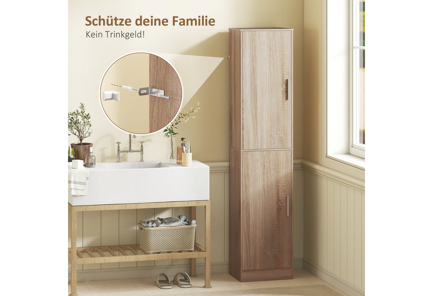 HOMCOM Badkommode Badezimmerschrank Badschrank mit 2 Türen, Verstellbare Regale (Hochschrank schmal, 1 St., hoch Badschrank), für Badezimmer, Wohnzimmer 40 x 35 x 180 cm Naturholz Bild 2