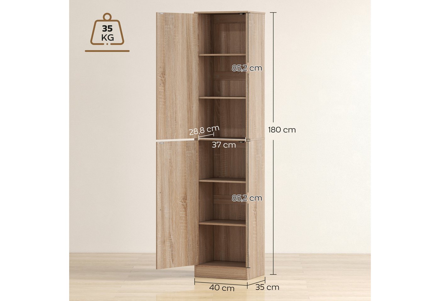 HOMCOM Badkommode Badezimmerschrank Badschrank mit 2 Türen, Verstellbare Regale (Hochschrank schmal, 1 St., hoch Badschrank), für Badezimmer, Wohnzimmer 40 x 35 x 180 cm Naturholz Bild 3
