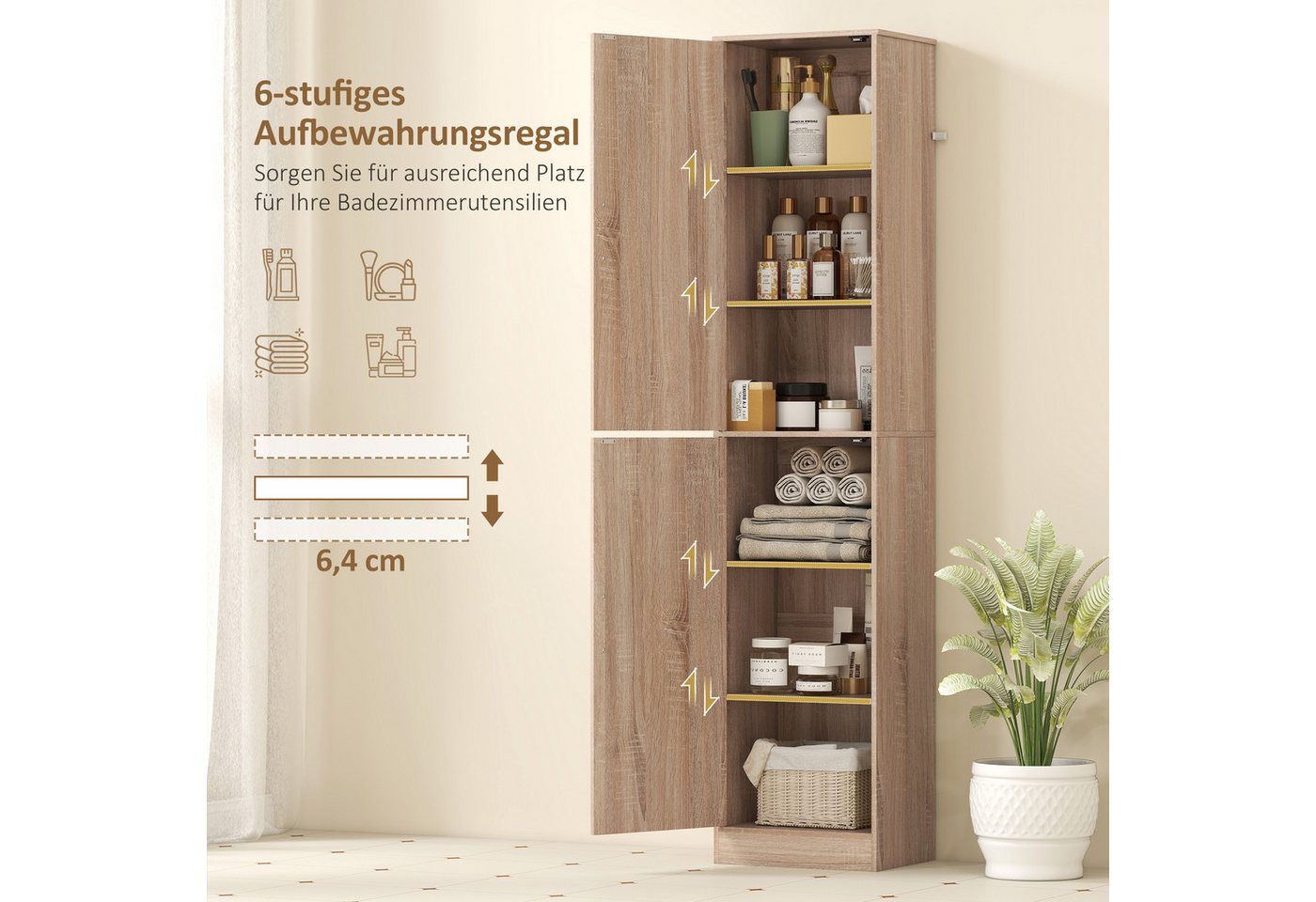 HOMCOM Badkommode Badezimmerschrank Badschrank mit 2 Türen, Verstellbare Regale (Hochschrank schmal, 1 St., hoch Badschrank), für Badezimmer, Wohnzimmer 40 x 35 x 180 cm Naturholz Bild 4
