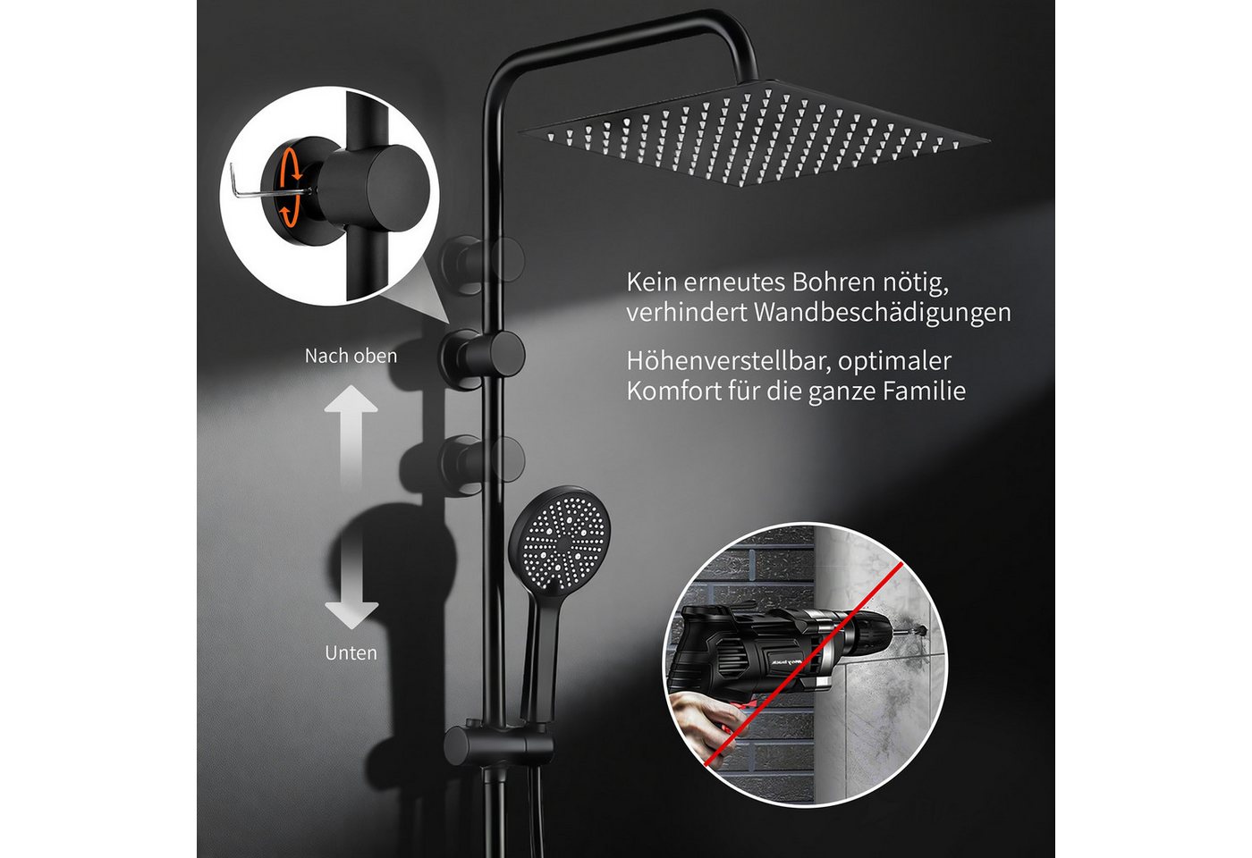 HOMELODY Duschsystem mit Thermostat Badewannenarmatur Schwarz Regendusche, 30 cm Regendusche, 5 Strahlarten Handbrause, Wasserfall-Auslauf Bild 2