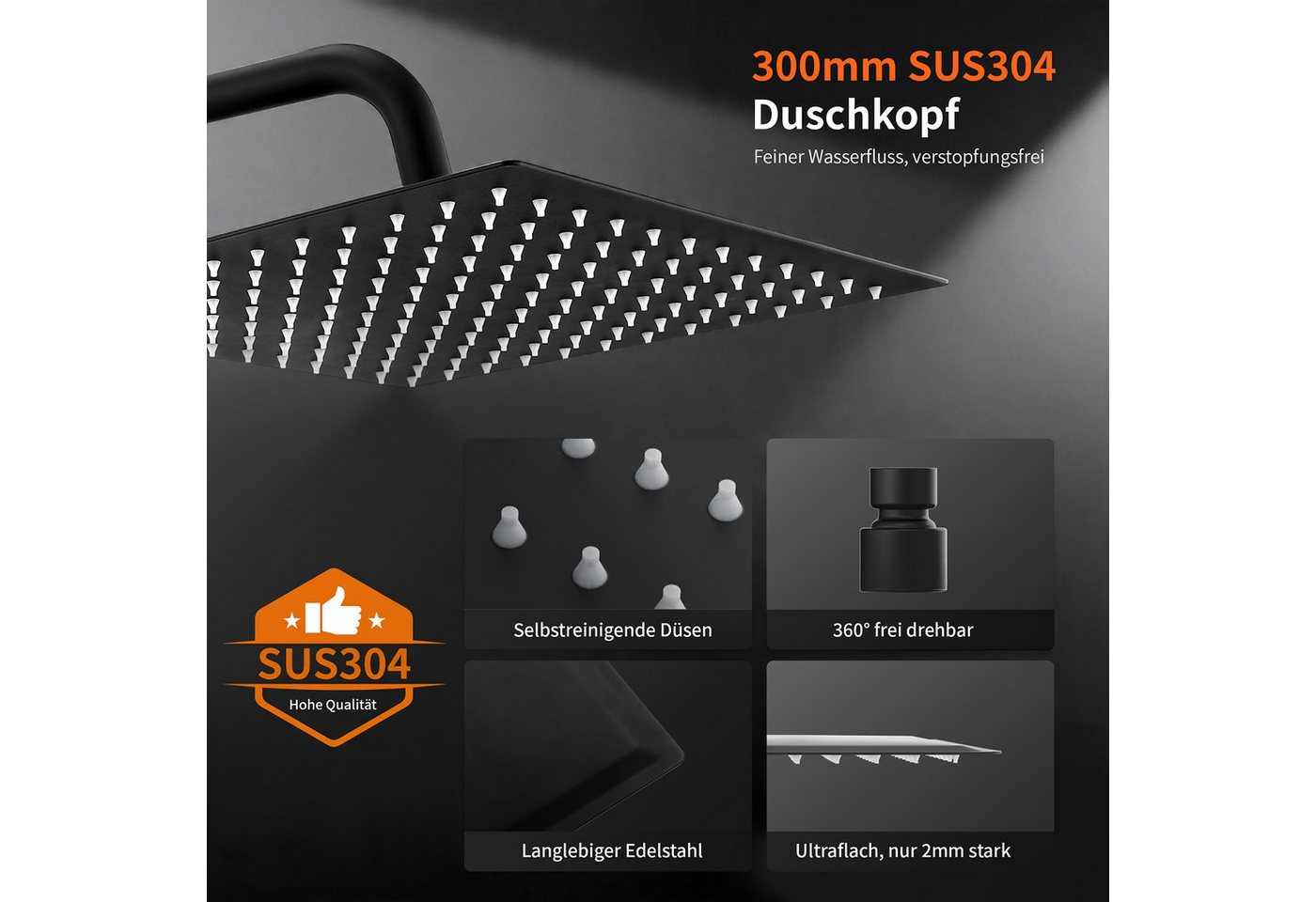 HOMELODY Duschsystem mit Thermostat Badewannenarmatur Schwarz Regendusche, 30 cm Regendusche, 5 Strahlarten Handbrause, Wasserfall-Auslauf Bild 3