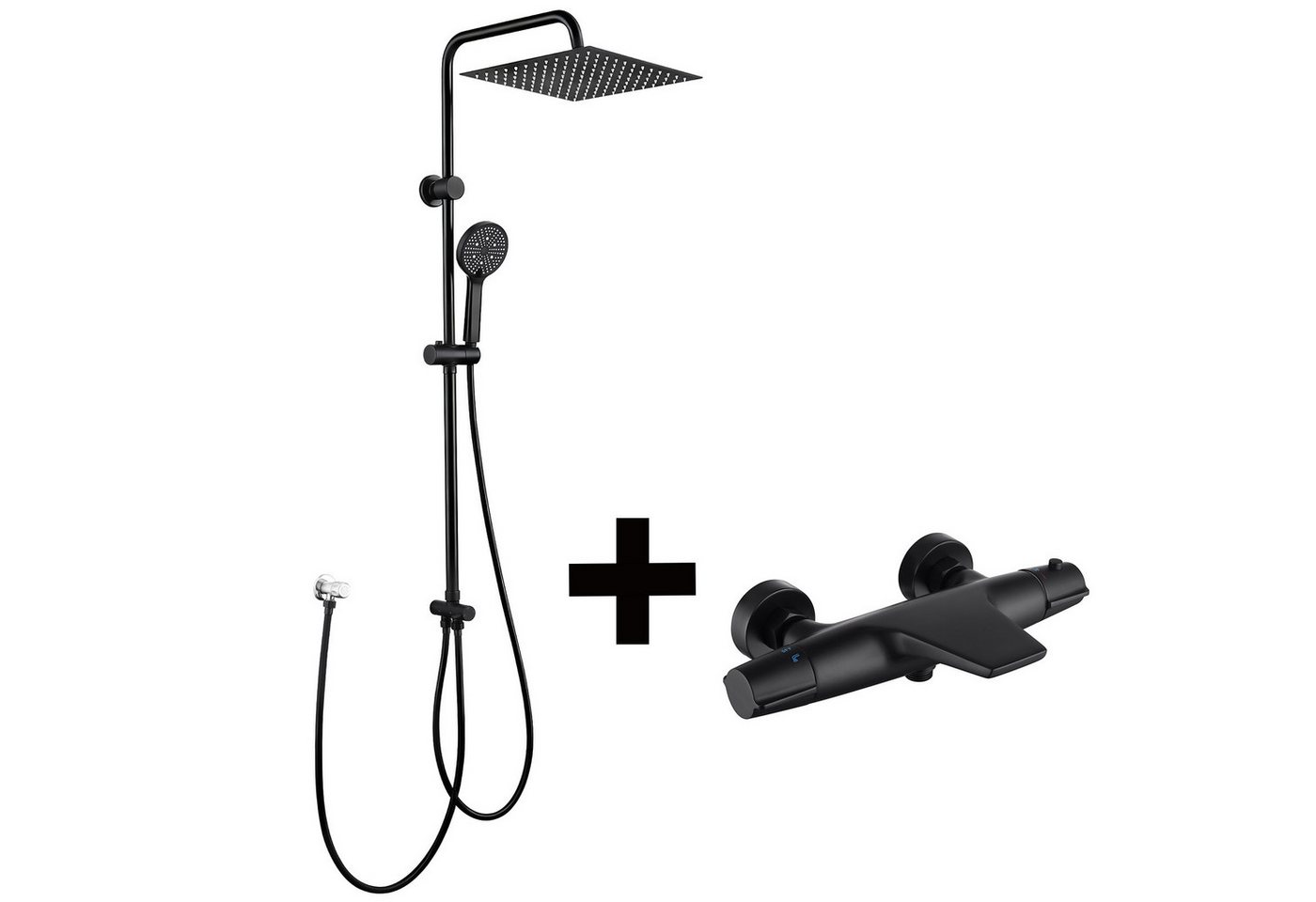 HOMELODY Duschsystem mit Thermostat Badewannenarmatur Schwarz Regendusche, 30 cm Regendusche, 5 Strahlarten Handbrause, Wasserfall-Auslauf Bild 4