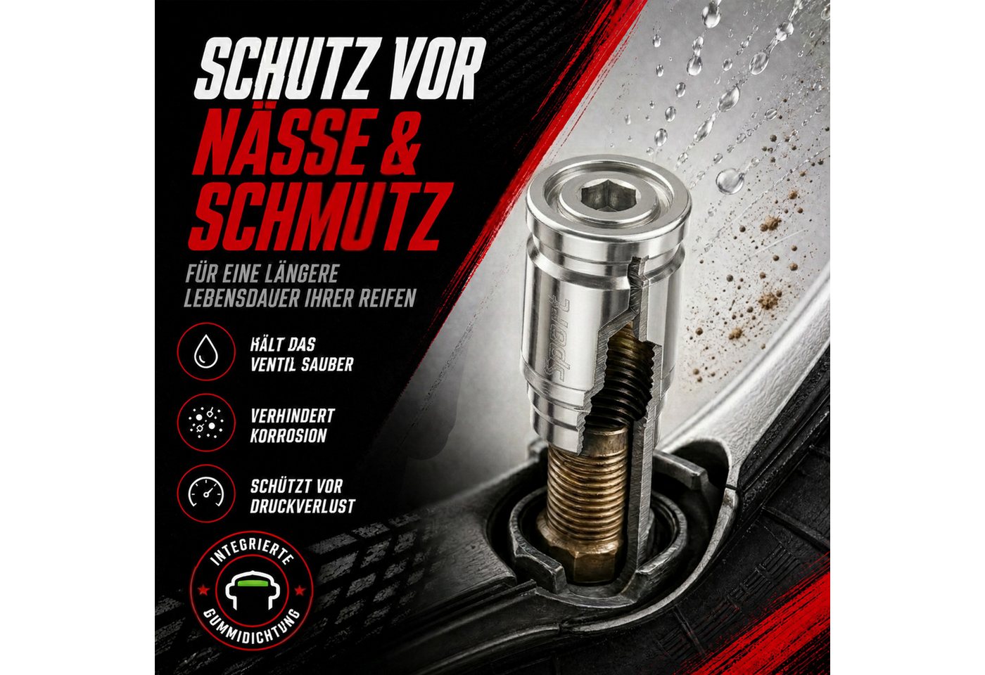 Pitlane Performance Ventilkappe 4er Set Ventilkappen Auto Metall mit Diebstahlschutz, (Rostfrei, Schrader Ventildeckel), Reifenventilkappen Schraderventil Autoventil & Fahrradventil Kappe Bild 2