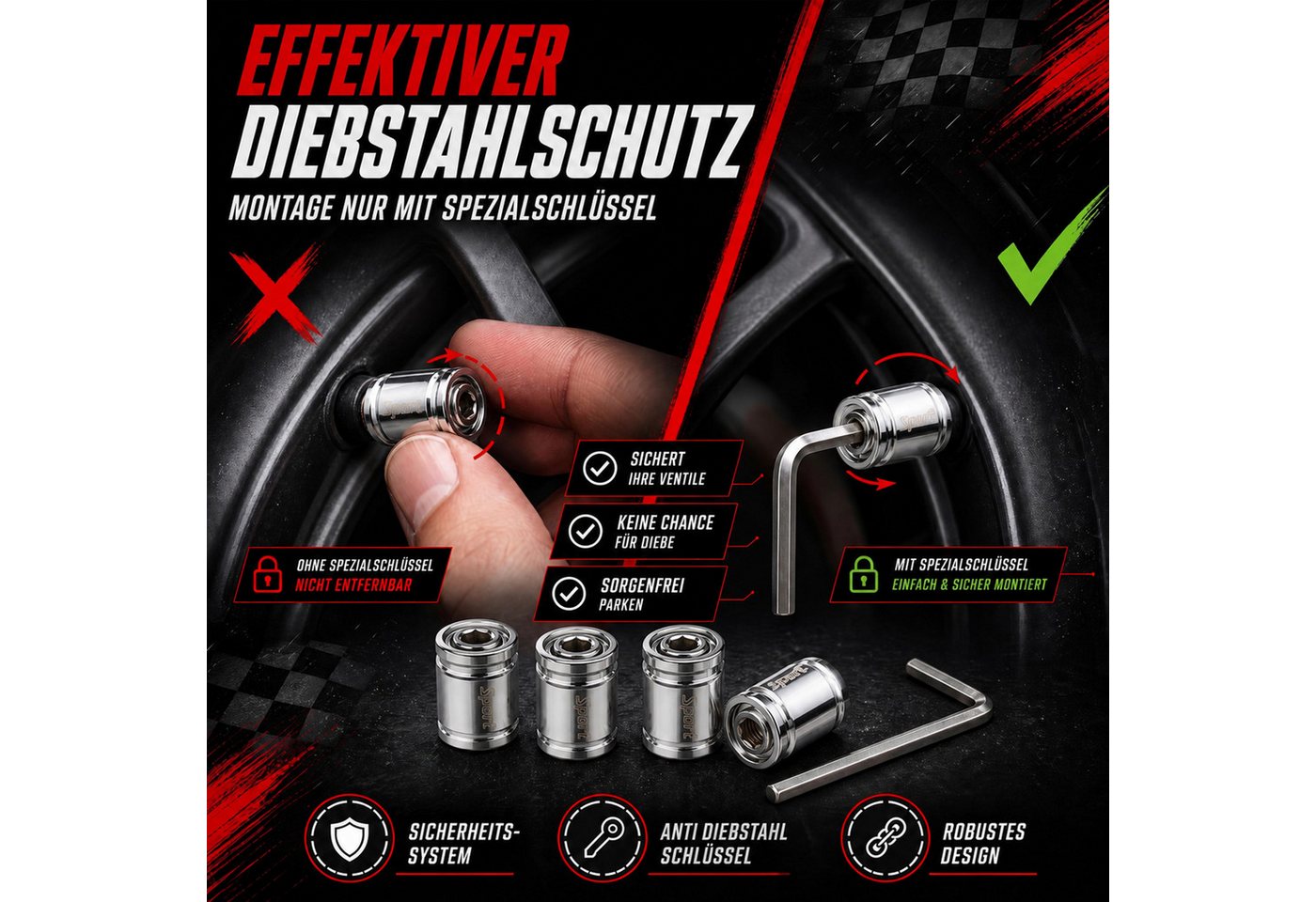 Pitlane Performance Ventilkappe 4er Set Ventilkappen Auto Metall mit Diebstahlschutz, (Rostfrei, Schrader Ventildeckel), Reifenventilkappen Schraderventil Autoventil & Fahrradventil Kappe Bild 3