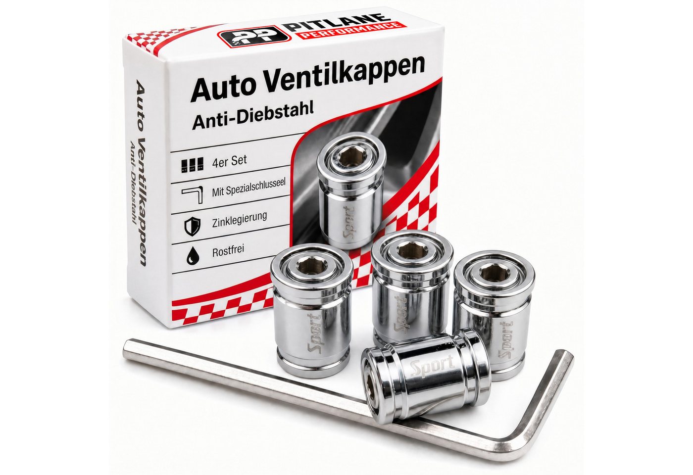 Pitlane Performance Ventilkappe 4er Set Ventilkappen Auto Metall mit Diebstahlschutz, (Rostfrei, Schrader Ventildeckel), Reifenventilkappen Schraderventil Autoventil & Fahrradventil Kappe Bild 5