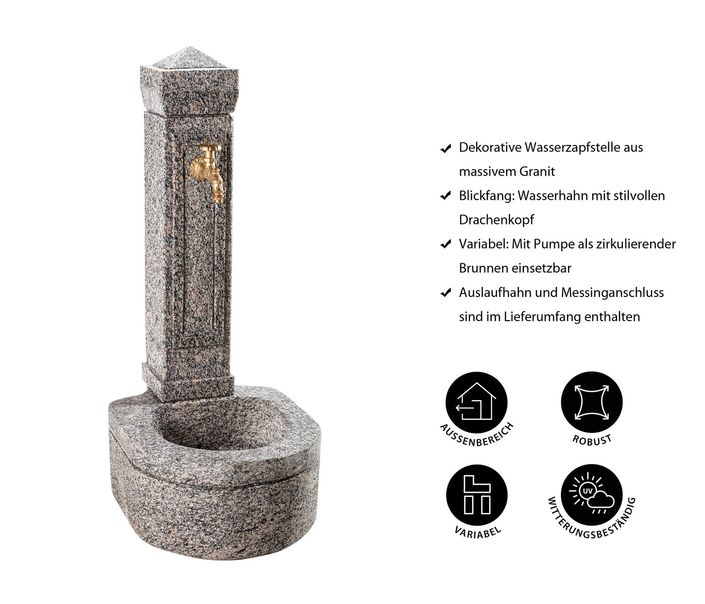 Dehner Gartenbrunnen Berlin, 110 x 45 x 60 cm, Granit, 45 cm Breite, Wasserzapfzelle aus Granit mit nostalgischem Wasserhahn und Anschluss Bild 3