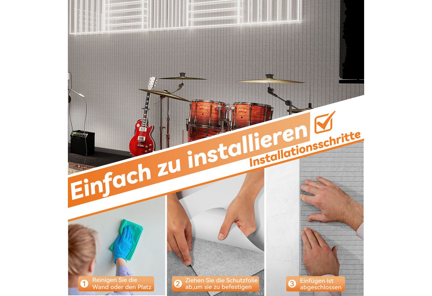 FIVMEN Wandpaneel Akustikpaneele Wand Selbstklebend Schalldämmung 4er/set, (4-tlg) Schwarz/Weiß/Hellgrau 120x60cm Polyesterfaser Langer Streifen Bild 2