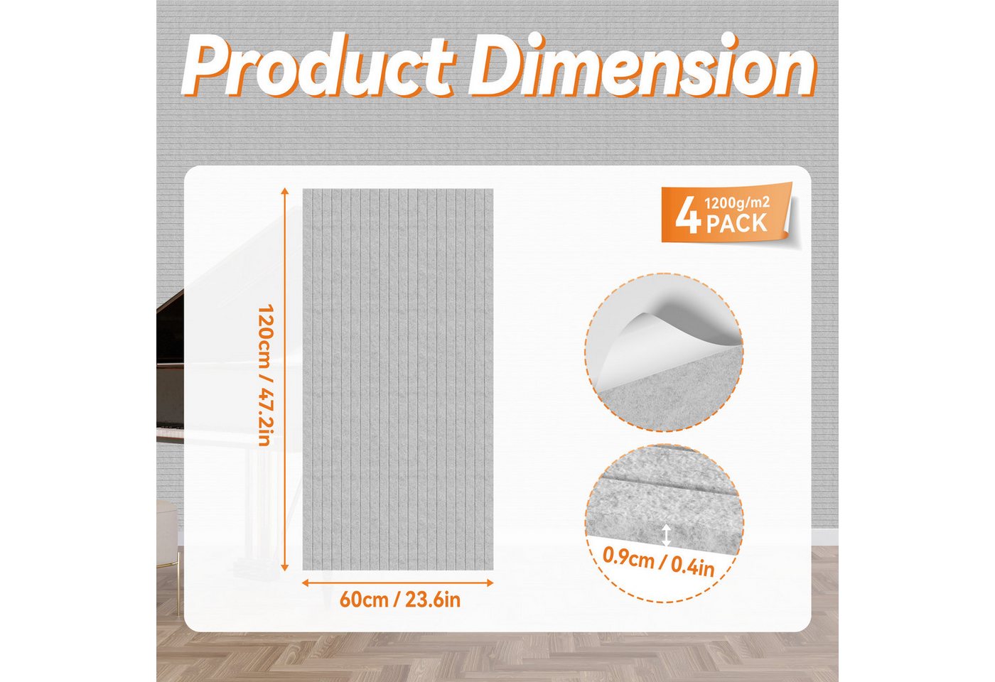 FIVMEN Wandpaneel Akustikpaneele Wand Selbstklebend Schalldämmung 4er/set, (4-tlg) Schwarz/Weiß/Hellgrau 120x60cm Polyesterfaser Langer Streifen Bild 3