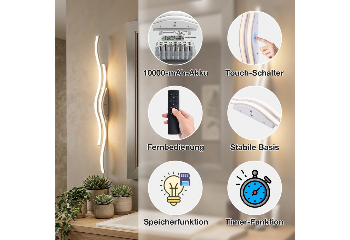 Lapalife LED Wandleuchte Akku kabellose Wandlampe innen Dimmbar, 3000K-6500K, Mit Fernbedienung für Schlafzimmer Wohnzimmer Flur Arbeitszimmer