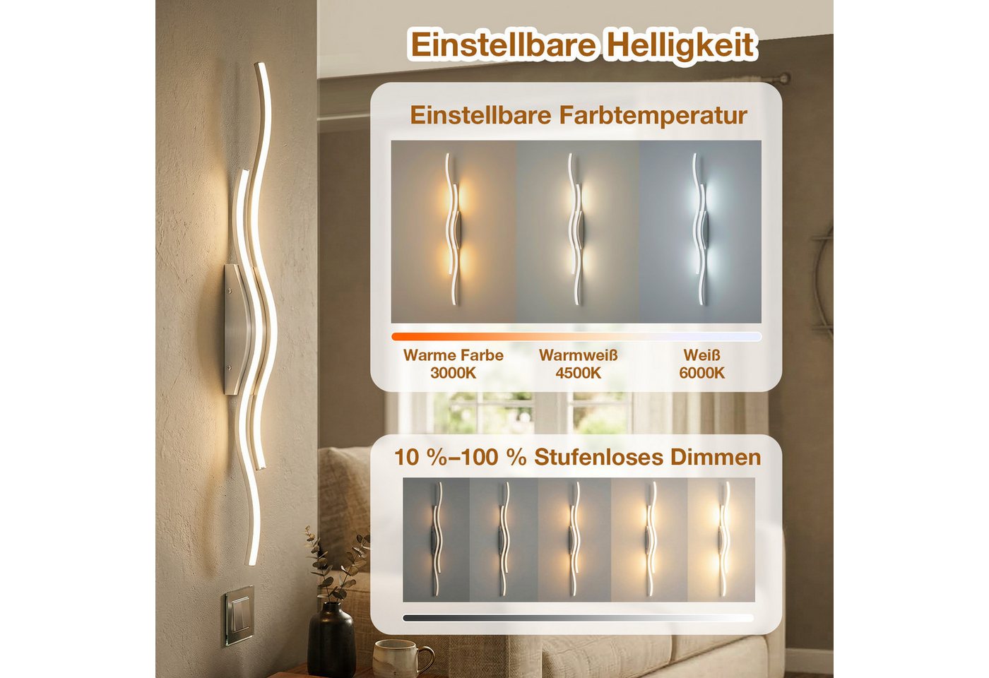 Lapalife LED Wandleuchte Akku kabellose Wandlampe innen Dimmbar, 3000K-6500K, Mit Fernbedienung für Schlafzimmer Wohnzimmer Flur Arbeitszimmer Bild 2