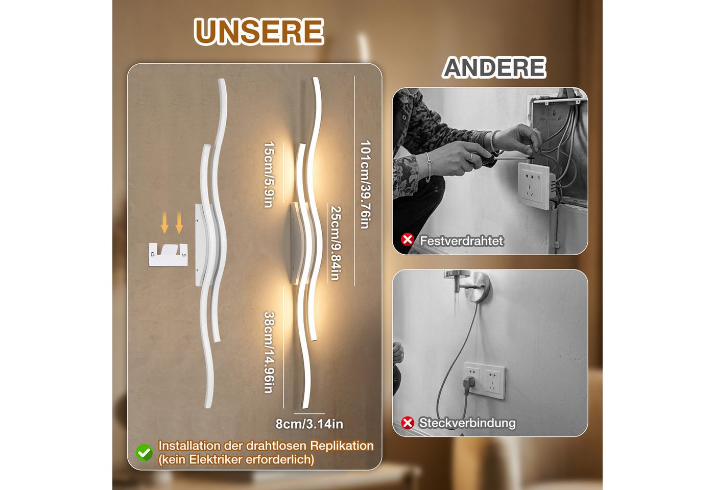 Lapalife LED Wandleuchte Akku kabellose Wandlampe innen Dimmbar, 3000K-6500K, Mit Fernbedienung für Schlafzimmer Wohnzimmer Flur Arbeitszimmer Bild 5