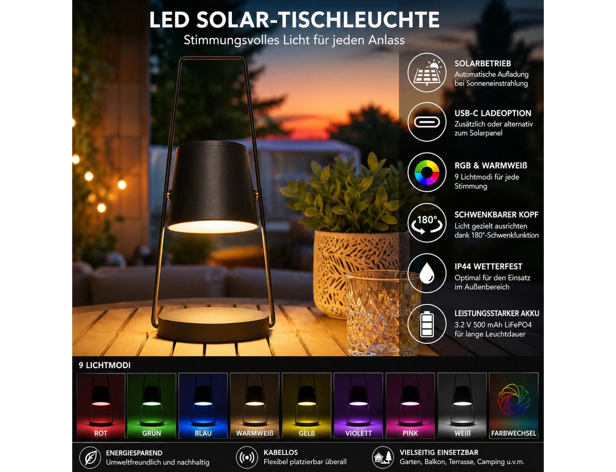 GiglioCollection LED Solarleuchte LED Solar-Tischleuchte schwenkbar IP44 wetterfest Garten & Terrasse, LED fest integriert, Rot, Grün, Blau, Warmweiß, Gelb, Violett, Pink, Weiß Bild 3