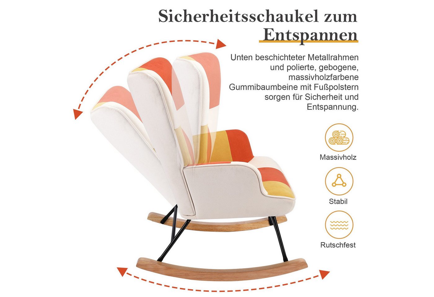 HomeMiYN Schaukelstuhl, Relaxsessel mit Armlehnen, gepolstert, bis 120 kg