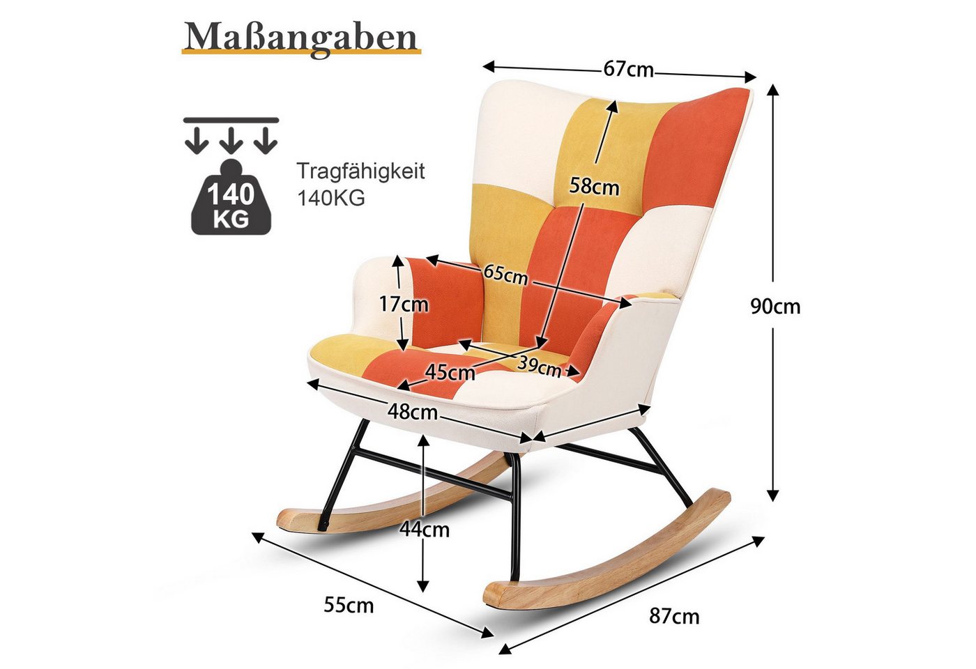 HomeMiYN Schaukelstuhl, Relaxsessel mit Armlehnen, gepolstert, bis 120 kg Bild 2