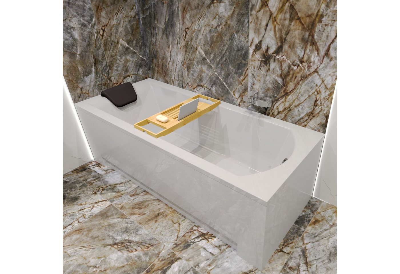 KOLMAN Badewanne Rechteck SHEA 140x70 mit Wannenträger + Bambus Ablage + Kopfstütze