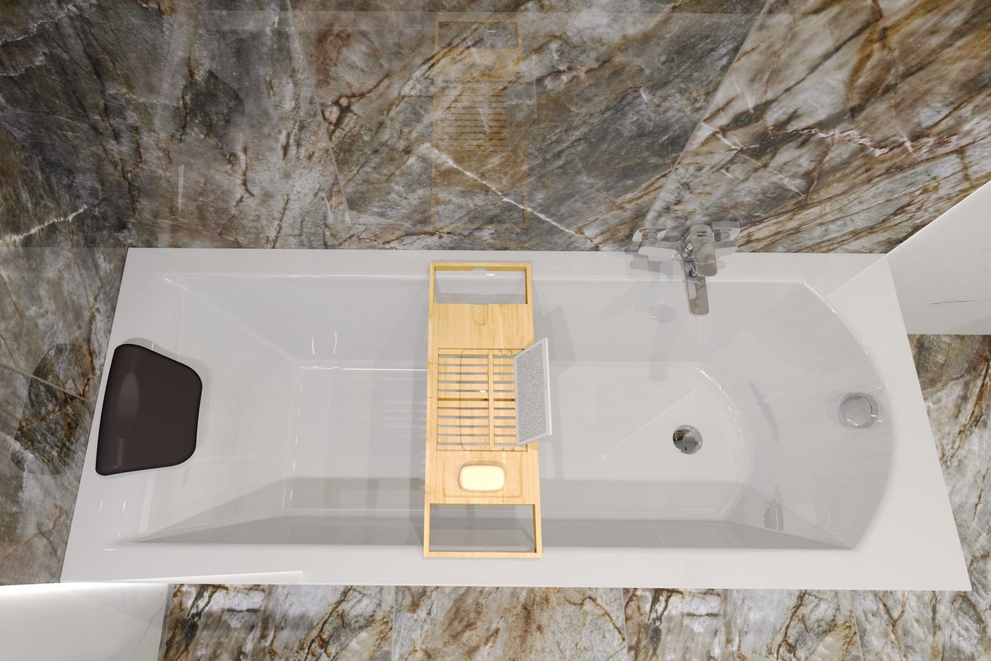 KOLMAN Badewanne Rechteck SHEA 140x70 mit Wannenträger + Bambus Ablage + Kopfstütze Bild 2