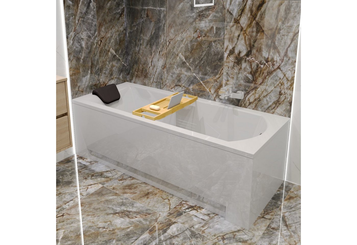 KOLMAN Badewanne Rechteck SHEA 140x70 mit Wannenträger + Bambus Ablage + Kopfstütze Bild 3
