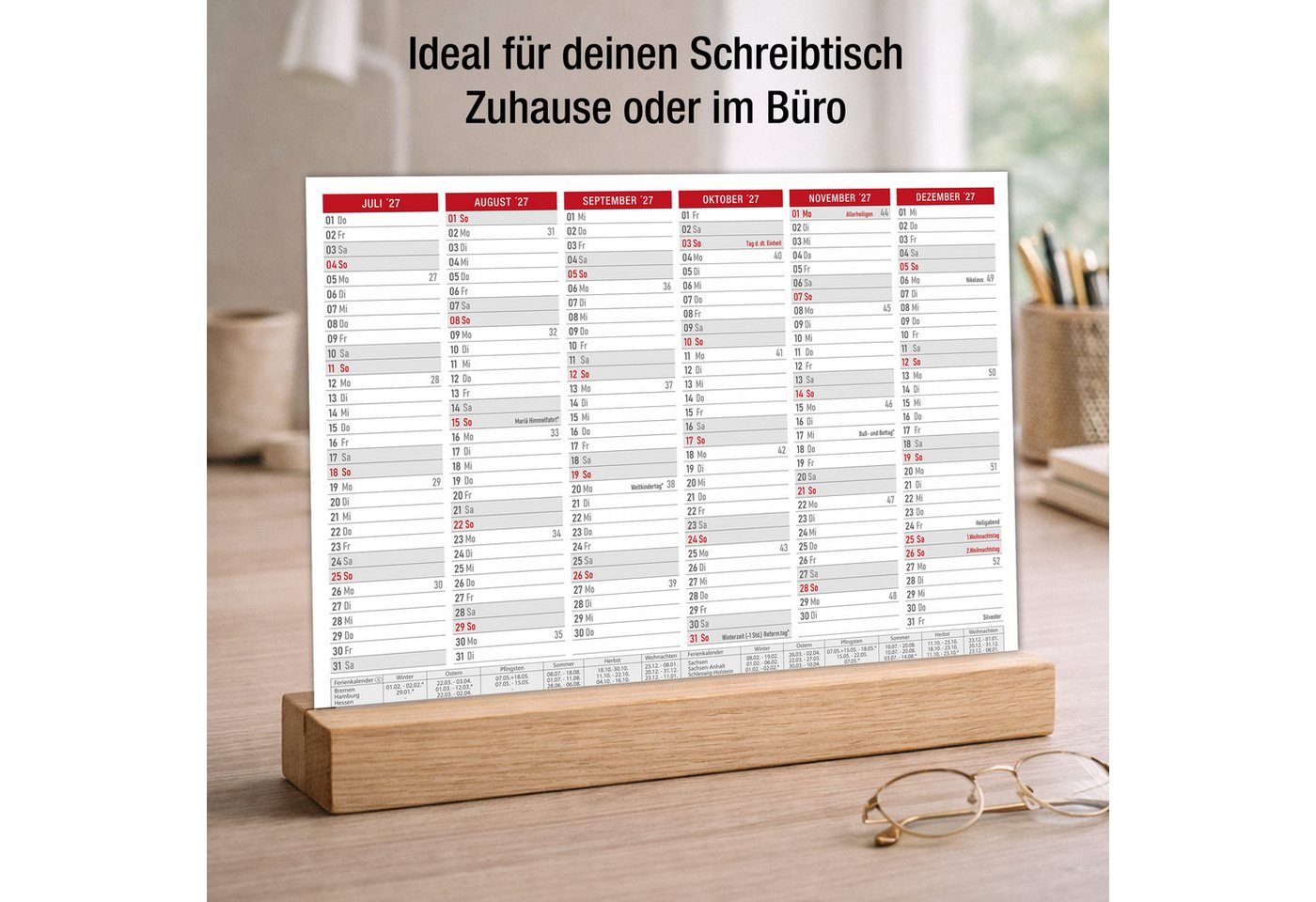 TOBJA Wandkalender Abwischbarer Wandkalender 2027 A4 Rot - Tafelkalender inkl. 4x edding, abwischbar & wiederbeschreibbar, Ferien & Feiertage, KW, 4 Stifte