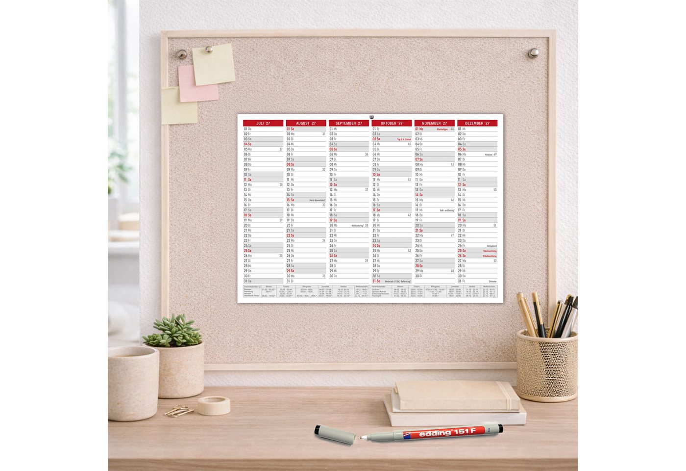 TOBJA Wandkalender Abwischbarer Wandkalender 2027 A4 Rot - Tafelkalender inkl. 4x edding, abwischbar & wiederbeschreibbar, Ferien & Feiertage, KW, 4 Stifte Bild 2