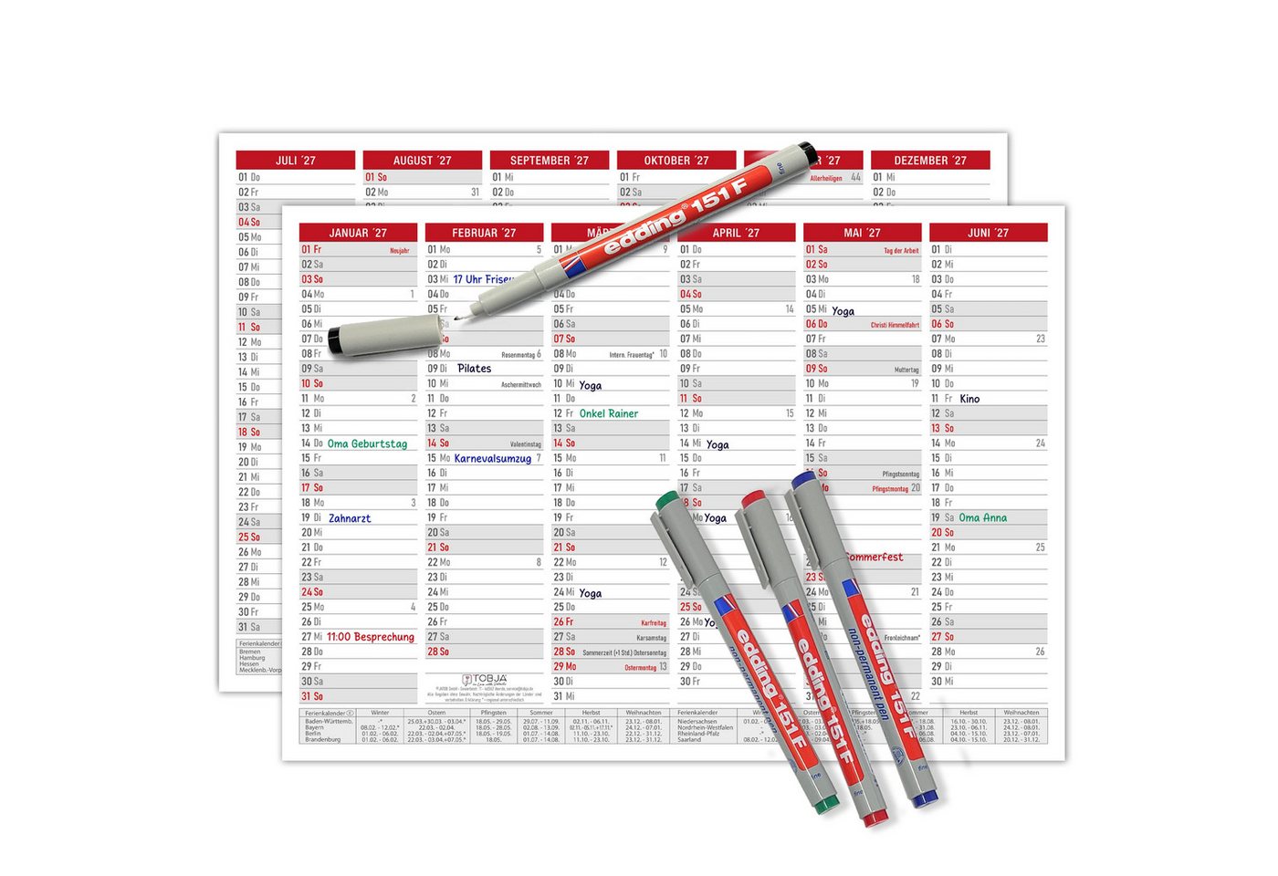 TOBJA Wandkalender Abwischbarer Wandkalender 2027 A4 Rot - Tafelkalender inkl. 4x edding, abwischbar & wiederbeschreibbar, Ferien & Feiertage, KW, 4 Stifte Bild 3