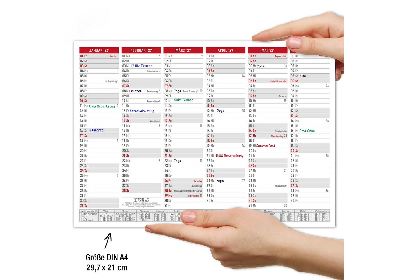 TOBJA Wandkalender Abwischbarer Wandkalender 2027 A4 Rot - Tafelkalender inkl. 4x edding, abwischbar & wiederbeschreibbar, Ferien & Feiertage, KW, 4 Stifte Bild 5
