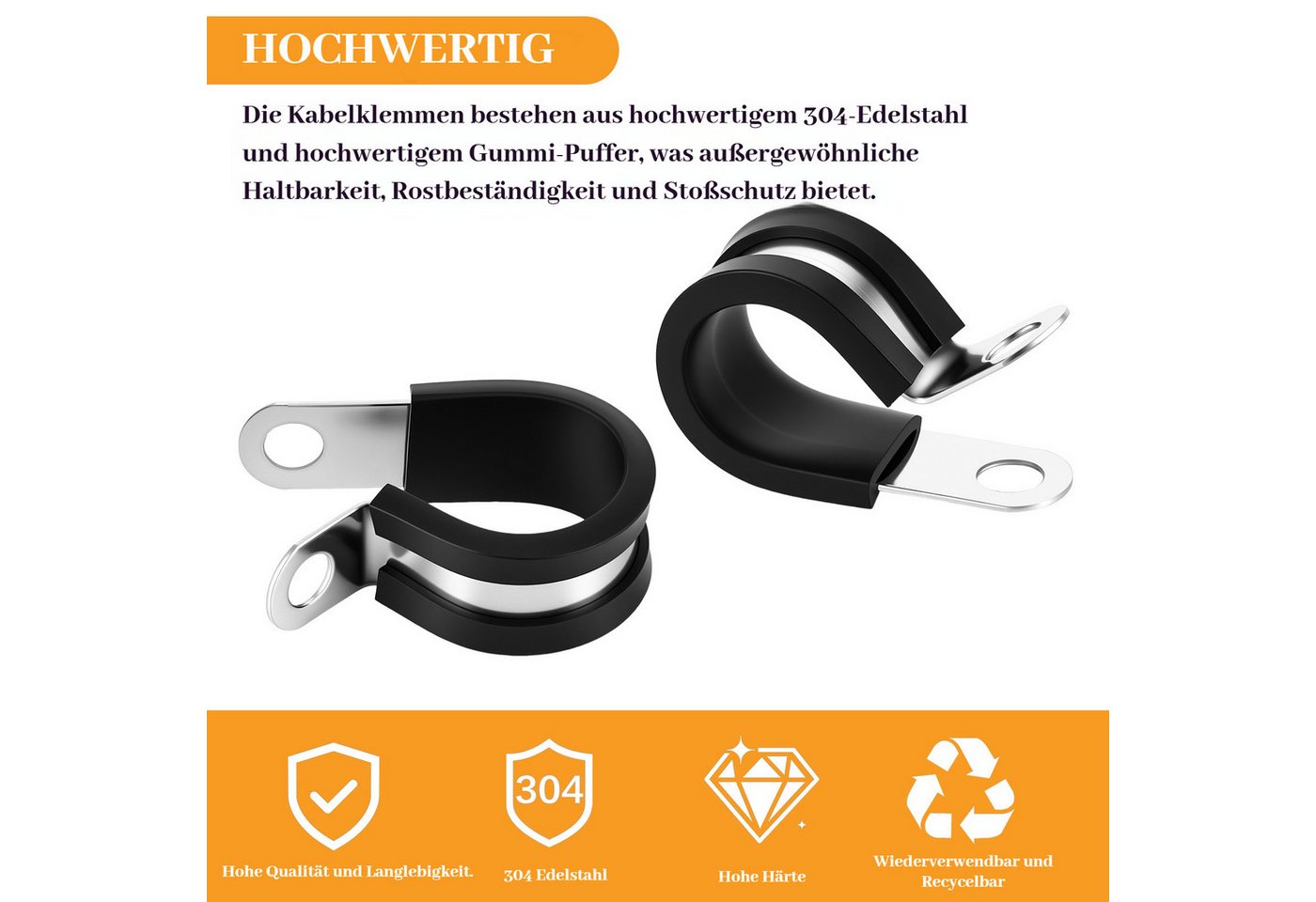 BlingBin Rohrschelle 52 Stück Gummi-P-Clip Schlauchschellen aus Edelstahl mit Gummipolster, (52er Set, 52-St., 6mm 8mm 10mm 13mm 16mm 19mm), gelenkige Schlauch- und Kabelschellen in den Größen 6/8/10/13/16/19mm Bild 2