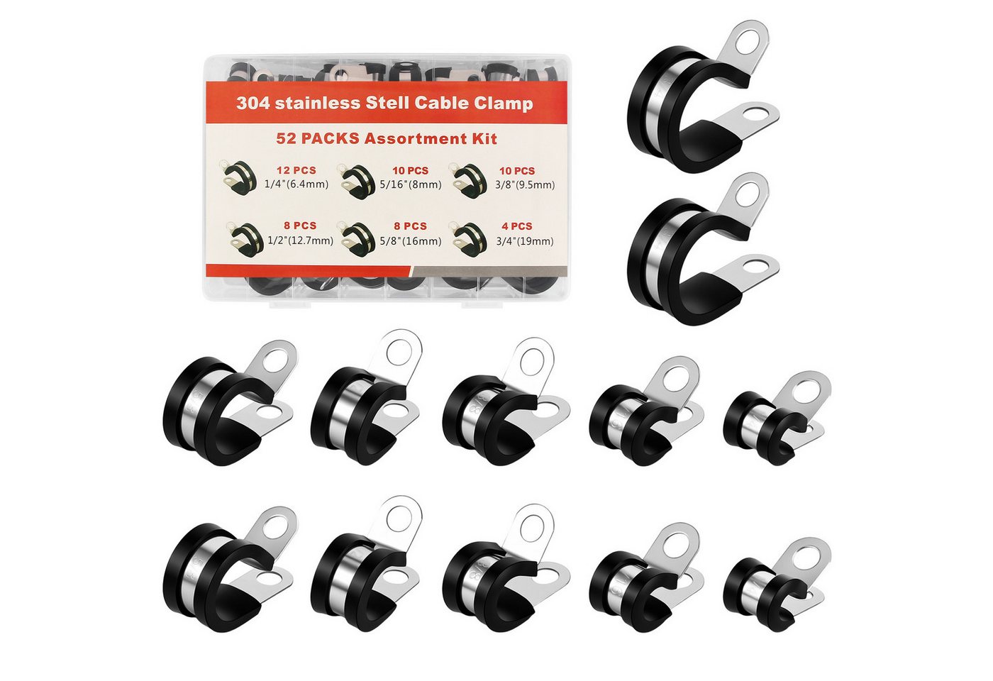 BlingBin Rohrschelle 52 Stück Gummi-P-Clip Schlauchschellen aus Edelstahl mit Gummipolster, (52er Set, 52-St., 6mm 8mm 10mm 13mm 16mm 19mm), gelenkige Schlauch- und Kabelschellen in den Größen 6/8/10/13/16/19mm Bild 3