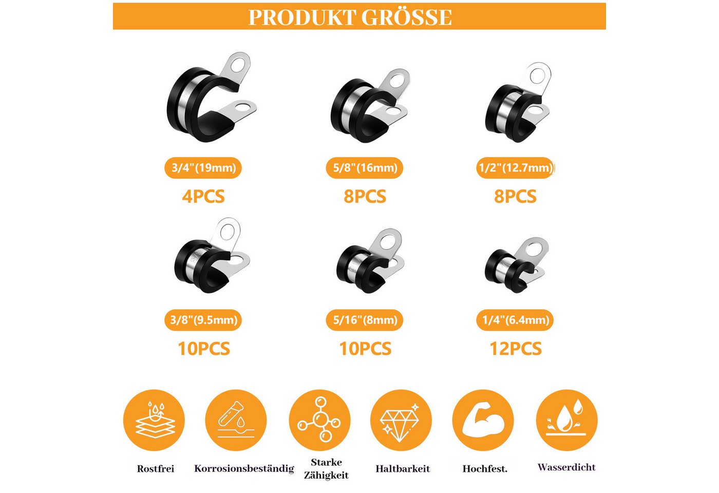 BlingBin Rohrschelle 52 Stück Gummi-P-Clip Schlauchschellen aus Edelstahl mit Gummipolster, (52er Set, 52-St., 6mm 8mm 10mm 13mm 16mm 19mm), gelenkige Schlauch- und Kabelschellen in den Größen 6/8/10/13/16/19mm Bild 4